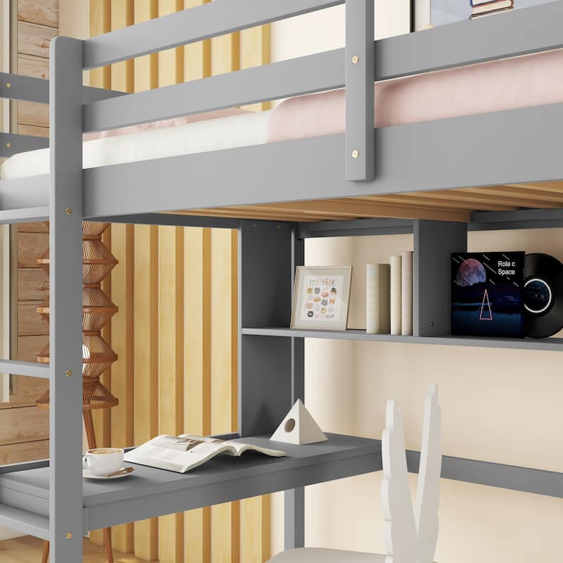 Twin Size Wood Loft Bed with desk and shelves, Safety Guardrail and ladder