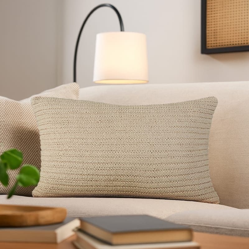 14 x 20 Lumbar Accent Throw Pillow, Ribbed Tan Brown Cotton, Polyfill