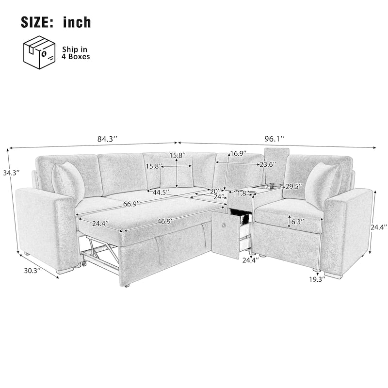 Chenille Pull Out Sectional Convertible Sleeper Sofa Modular Sectional Sofa with Pillow and 2 Cup Holders for Living Room