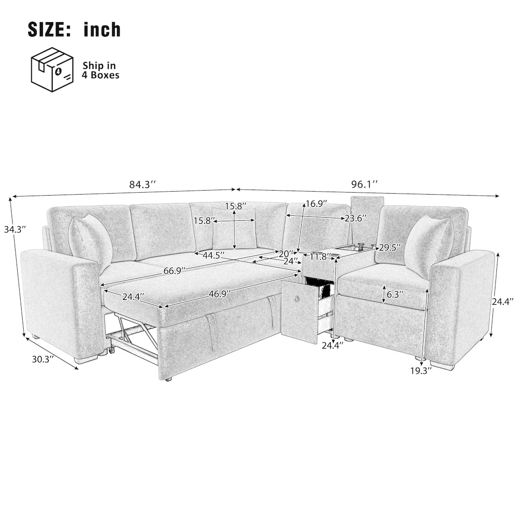 L-Shaped Modular Sectional Sofa with Pull-Out Bed, Chenille Convertible Sleeper Sofa Bed with Cup Holders & Multiple Storage