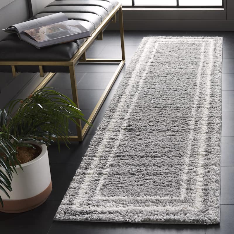 SAFAVIEH Border & Stripe Shag Rigoberta Modern 1.4-inch Thick - 2' 2" x 8' - Ivory/Grey - Runner