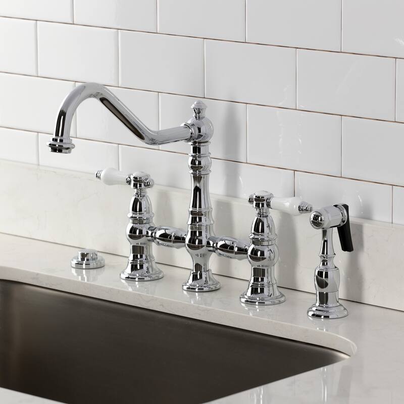 Kingston Brass Bel-Air Two-Handle 4-Hole Deck Mount Bridge Kitchen Faucet with Brass Side Sprayer