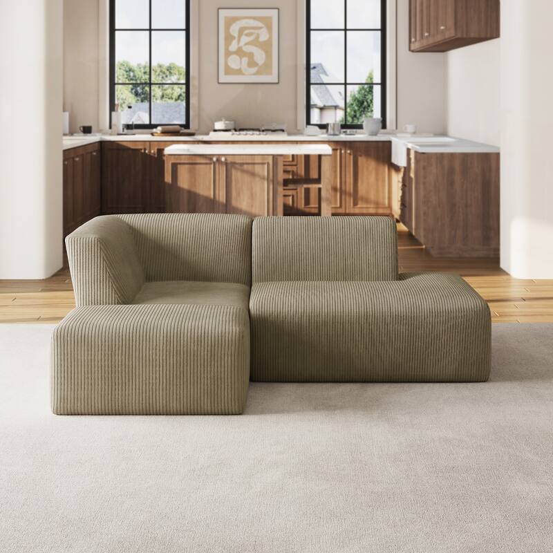 Corduroy Fully Sponge Molded Modular Sectional Sofa with Ottoman - Khaki-3 Piece - Right Facing