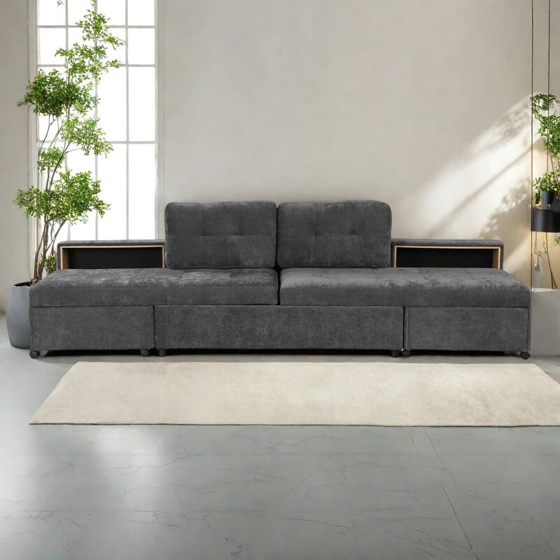 121.2" Chenille Modular Sofa Bed with Two Storage Racks, Free-Combined Design, and Smooth-Rolling Wheels - DarkGray