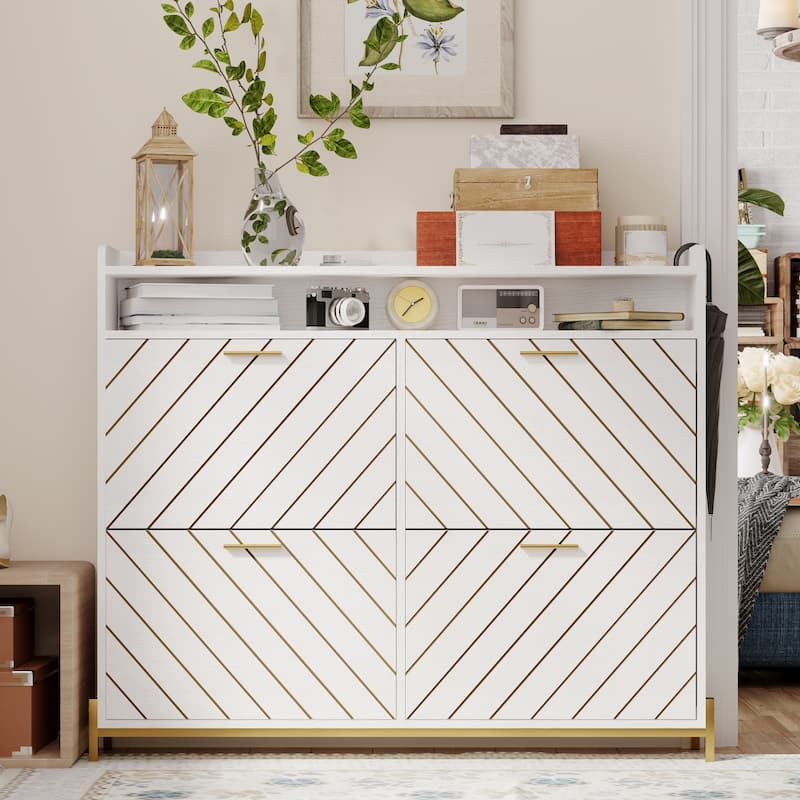 Wood Shoe Organizer Cabinet with 4 Flip Doors for Small Spaces