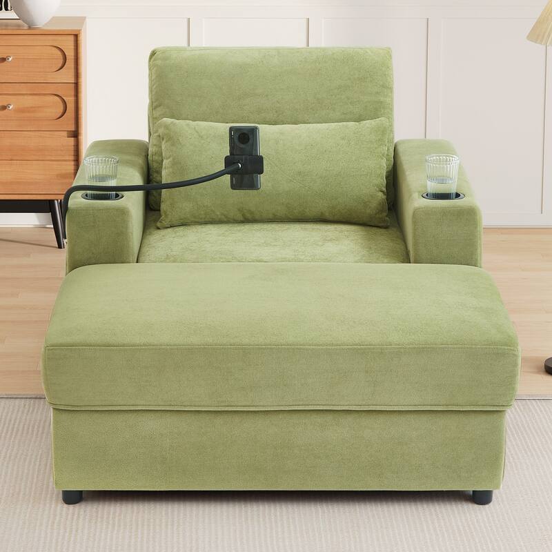 Modern Style Armchair 42.5" Chaise Lounge Sofa Couch with a Movable Storage Ottoman, Two USB Ports, Two Cup Holders - Green