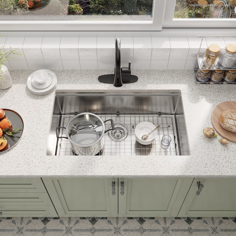 Undermount Single Bowl Nano Brushed Stainless Steel Workstation Kitchen Sink with Pull-Down Kitchen Faucet and Accessories