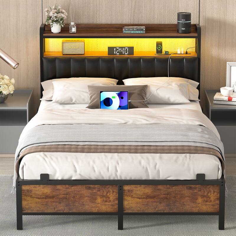 Platform Bed Frame with Upholstered Storage Headboard, Full/ Queen/ King Beds with Charge Station and LED Lights - Rustic Brown - Full