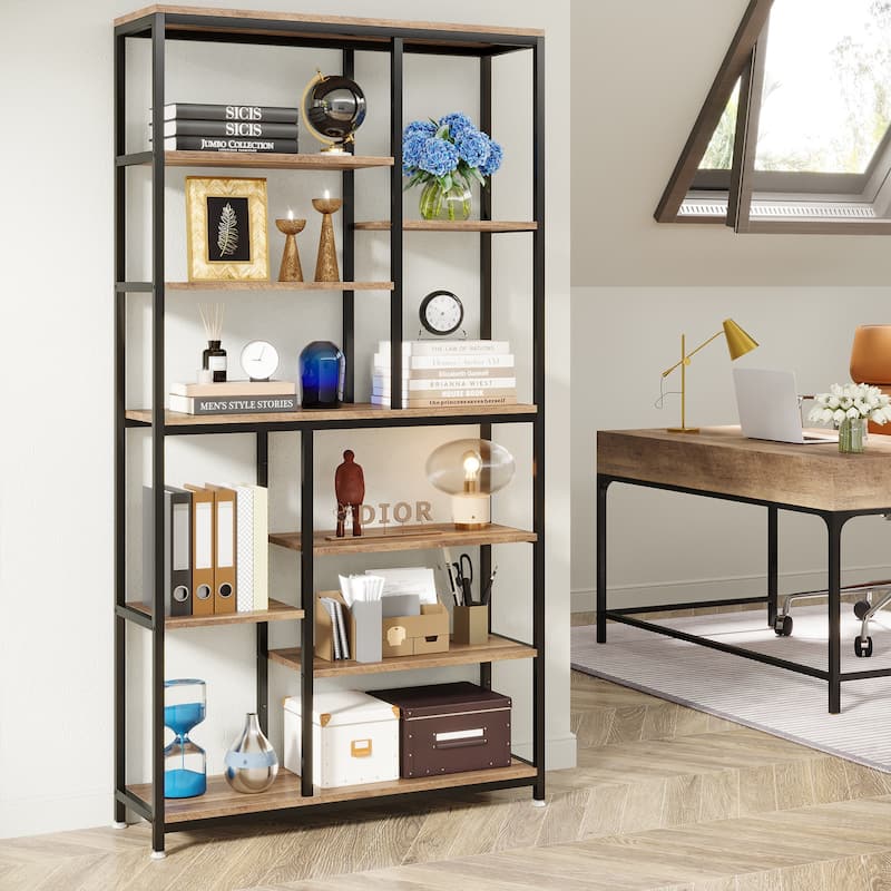Staggered Bookcase Open Book Shelves Wood Etagere Display Shelf for Living Room
