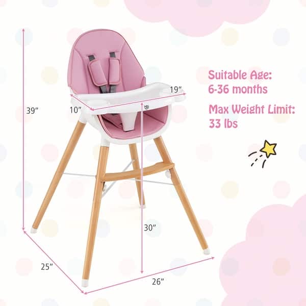 dimension image slide 0 of 3, Costway Baby High Chair Wooden Feeding Chair with 4-Gear Tray &