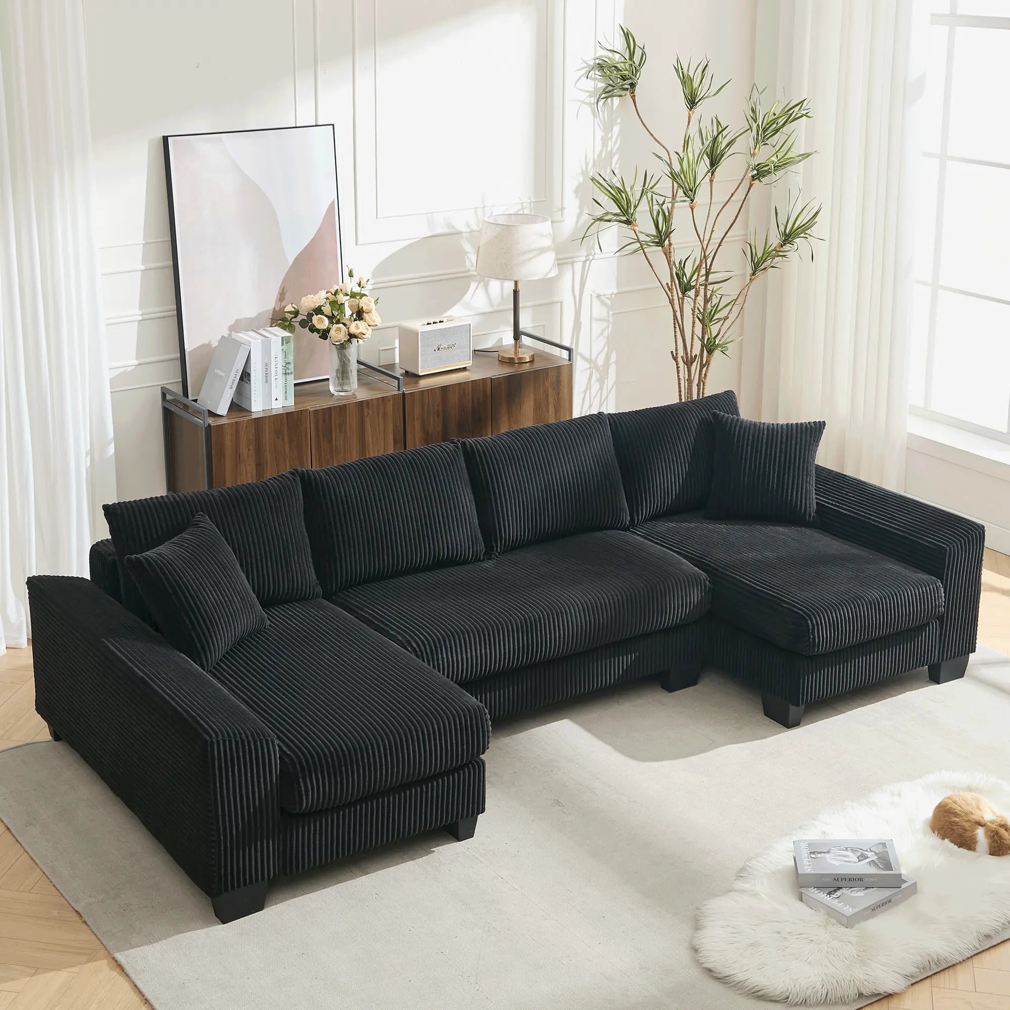 114-Inch U-Shaped Convertible Sleeper Sofa with Pull Out Bed Black