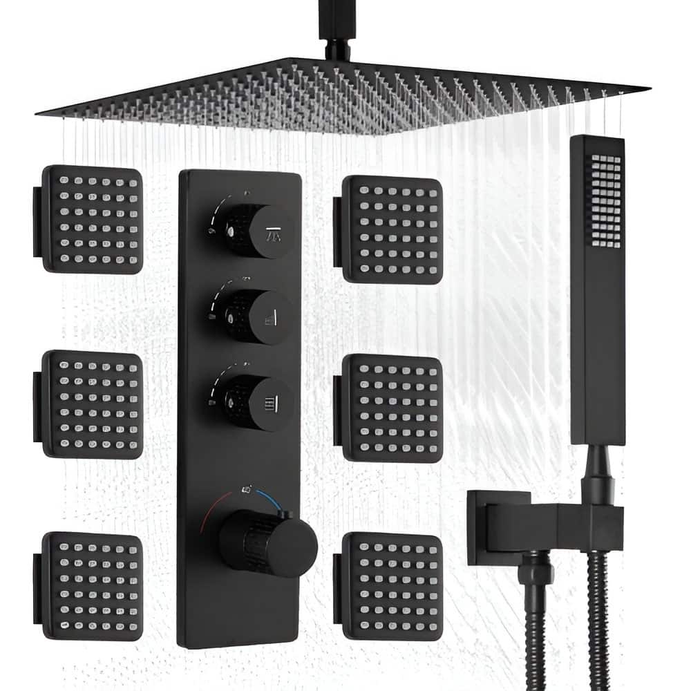 3-Function Thermostatic Shower System Matte Black with 16” Rain Shower and Body Massage Jets