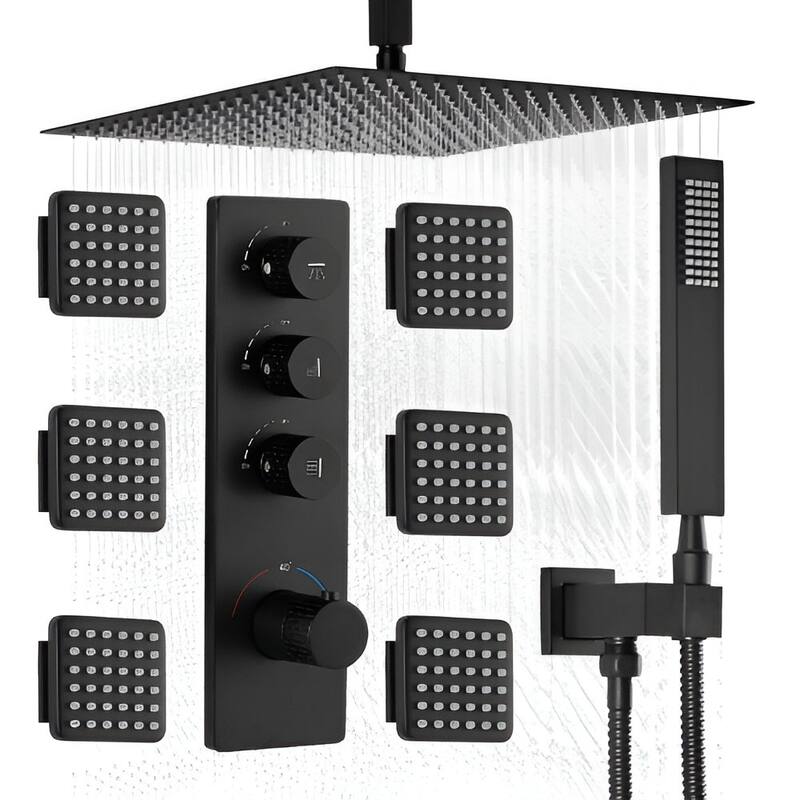 3-Function Thermostatic Shower System Matte Black with 16” Rain Shower and Body Massage Jets