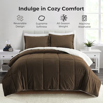 3PC Reversible Sherpa Down Alternative Comforter Set with Solid Color