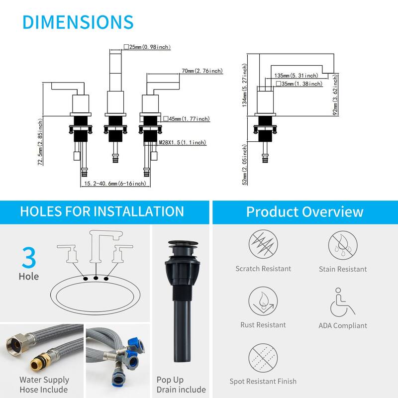 Widespread Bathroom Faucet, Waterfall Bathroom Faucets for Sink 3 Hole, 2-Handles with Pop Up Drain Assembly and Lead-Free