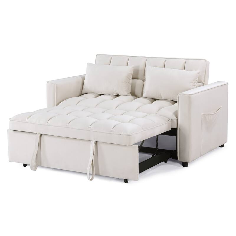 Modern 68" L 3-in-1 Multi-Functional Beige Sleeper Sofa with Iron Frame Pull-Out Loveseat