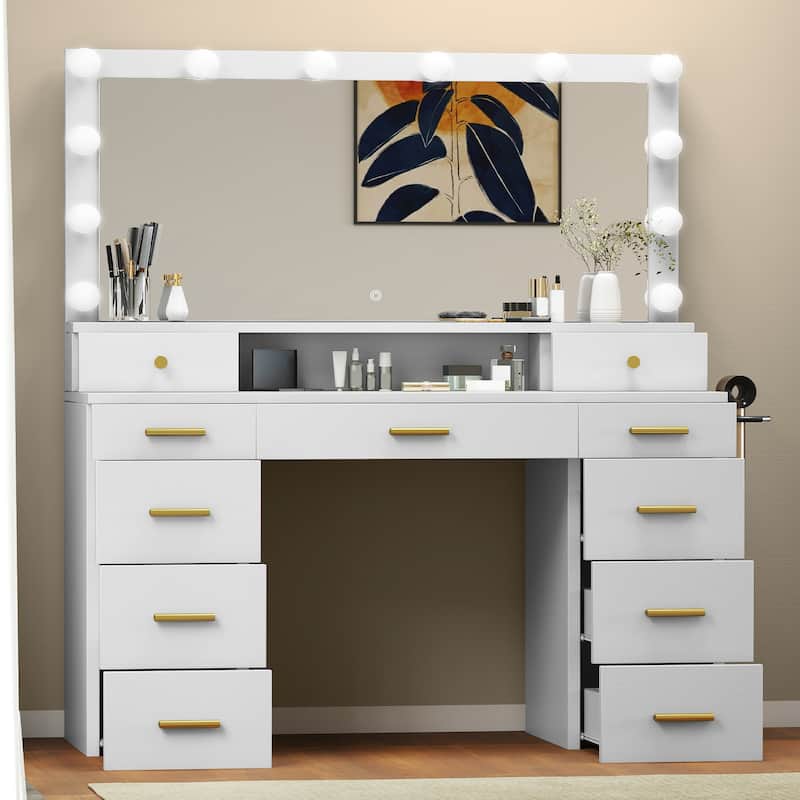 Moasis Large White Vanity Desk with 11 Drawers Mirror Lights USB and Type C Ports for Bedroom - White