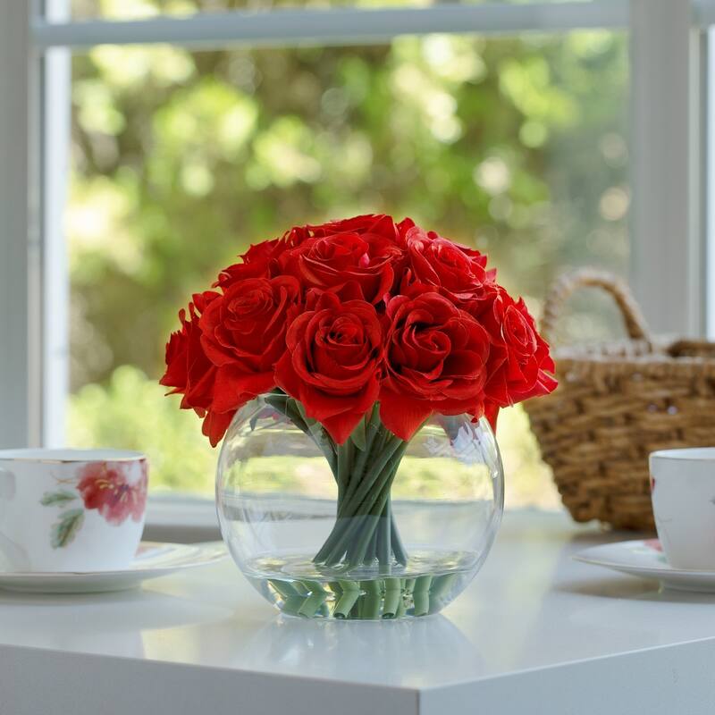 Enova Home 16 Heads Artificial Silk Rose Flowers in Round Glass Vase With Faux Water For Home Wedding Decoration