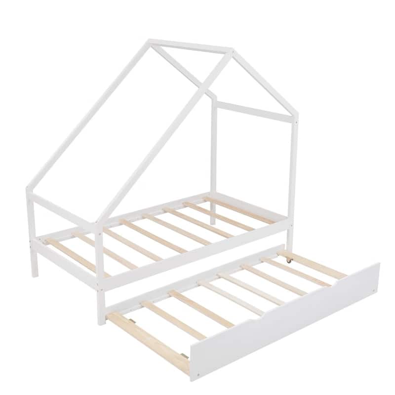 Merax Wooden House Bed With Twin Size Trundle