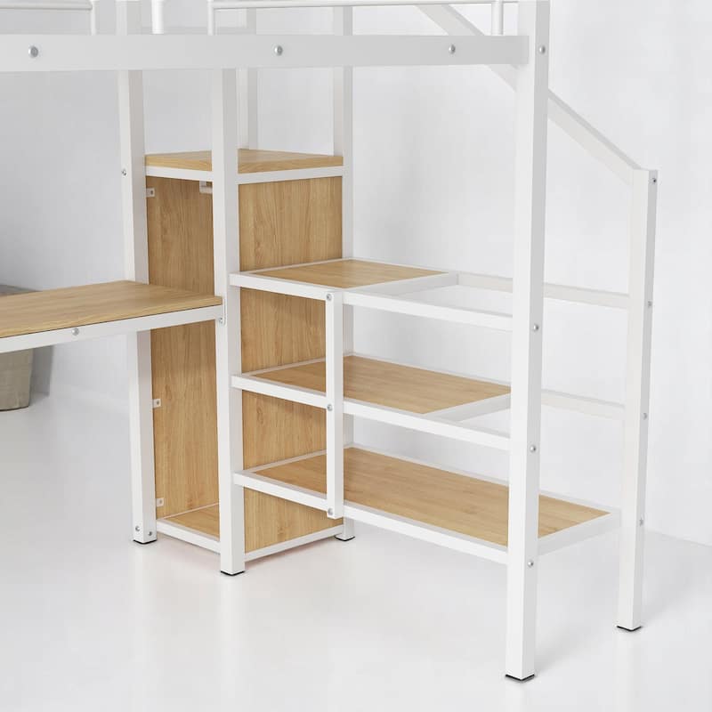 Full Metal Loft Bed with Built-in Desk, Stair Storage, Clothes Rack Wardrobe & Color LED Lighting