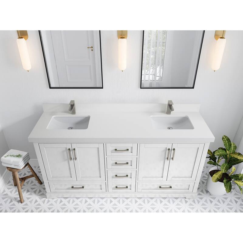 Willow Collection 72 in W x 22 in D x 36 in H Boston Double Bowl Sink Bathroom Vanity with Countertop - 2"White Quartz - White