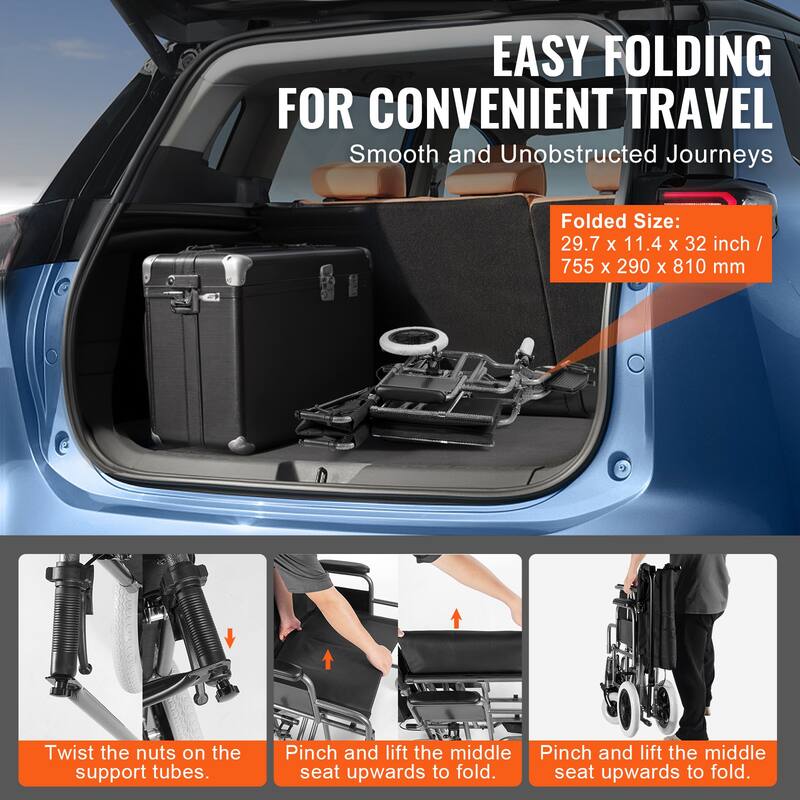 Wheelchair, Carbon Steel Transport Chair for Adults, Foldable Wheelchair with Armrest, Self-locking Brake