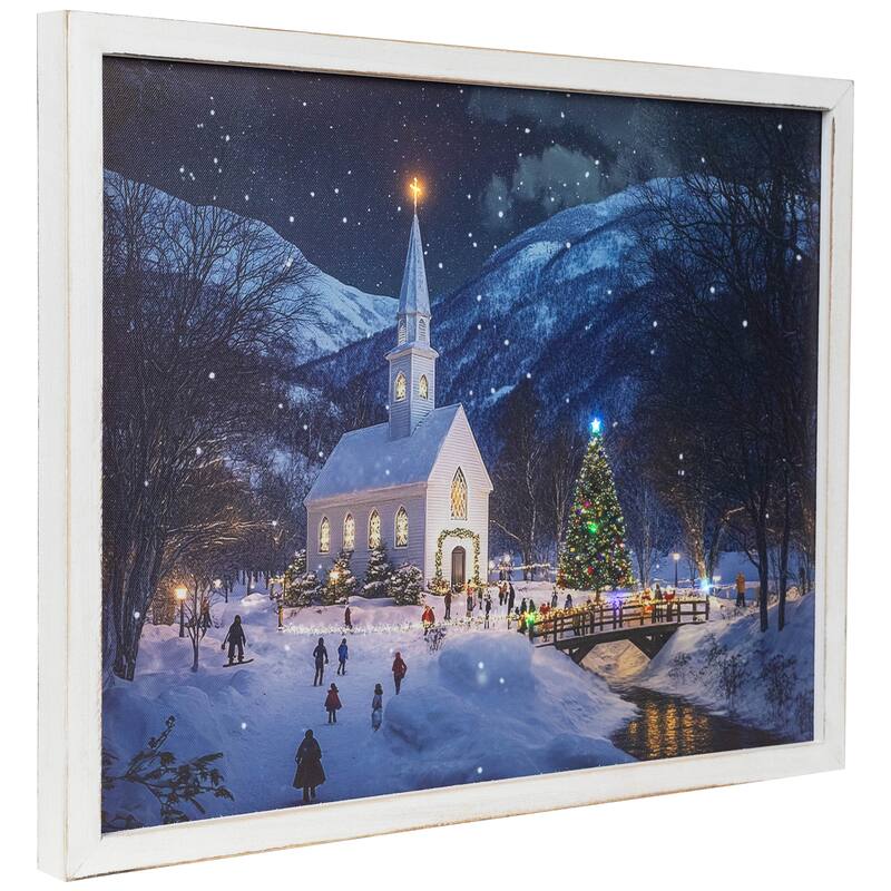 LED Lighted Church at Night Framed Christmas Canvas Wall Art 19" x 15"