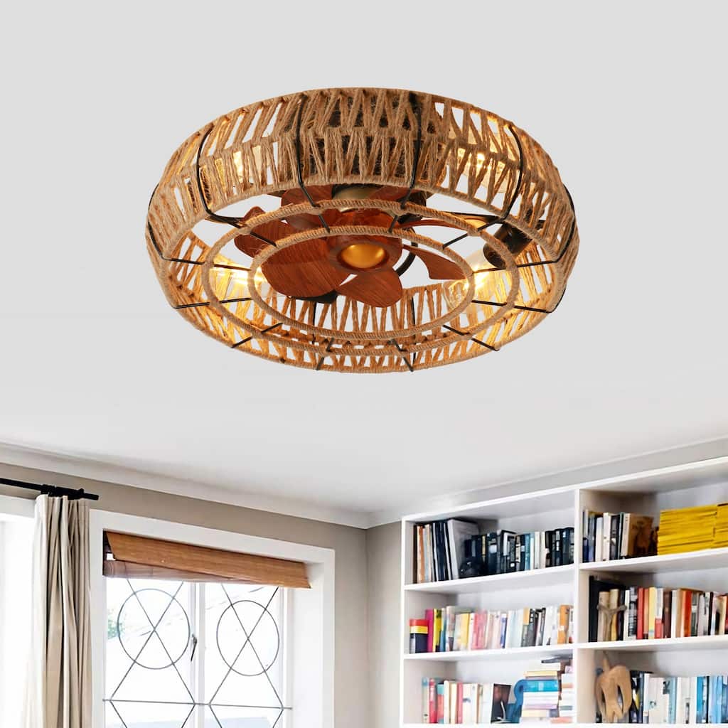 20" Farmhouse Flush Mount Caged Ceiling Fan with Light Kit and Remote Control, Rustic Low Profile Rope Chandelier Ceiling Fan
