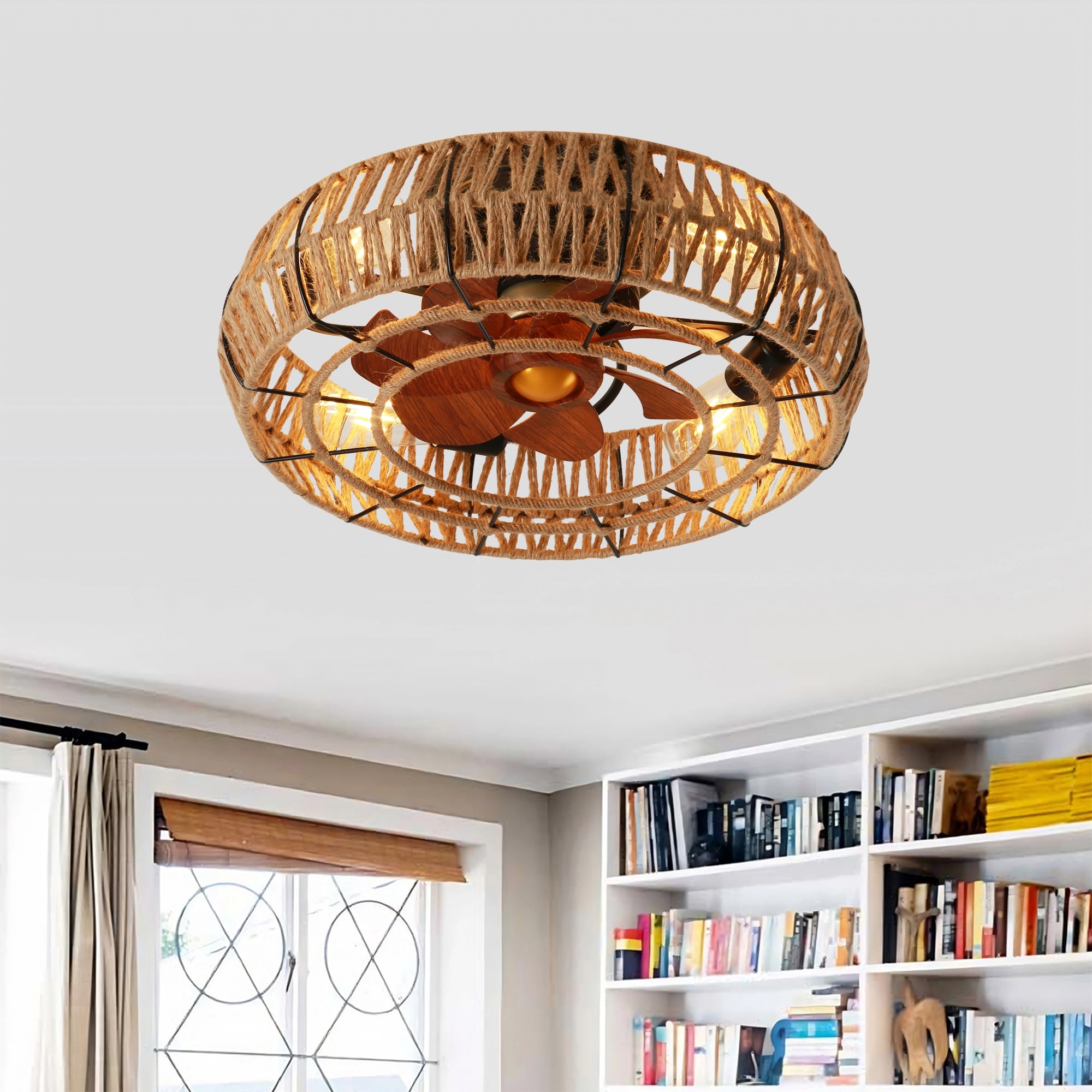 20" Farmhouse Flush Mount Caged Ceiling Fan with Light Kit and Remote Control, Rustic Low Profile Rope Chandelier Ceiling Fan