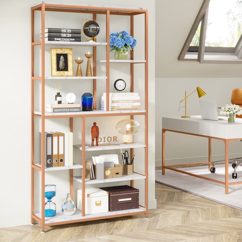 Staggered Bookcase Open Book Shelves Wood Etagere Display Shelf for Living Room