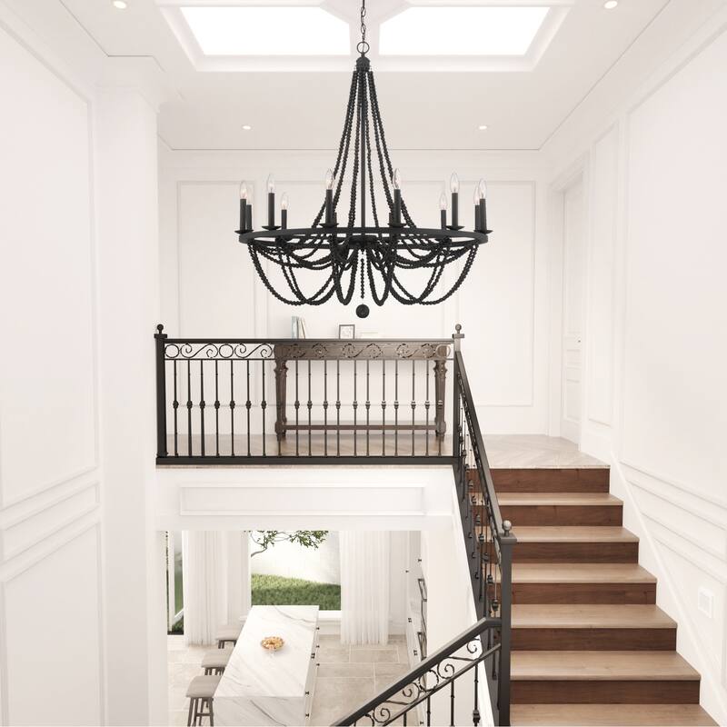 Fidenza 12-light Empire Farmhouse Solid Wood Beaded Chandelier with UL Certified - 37 inches - Aged Zinc
