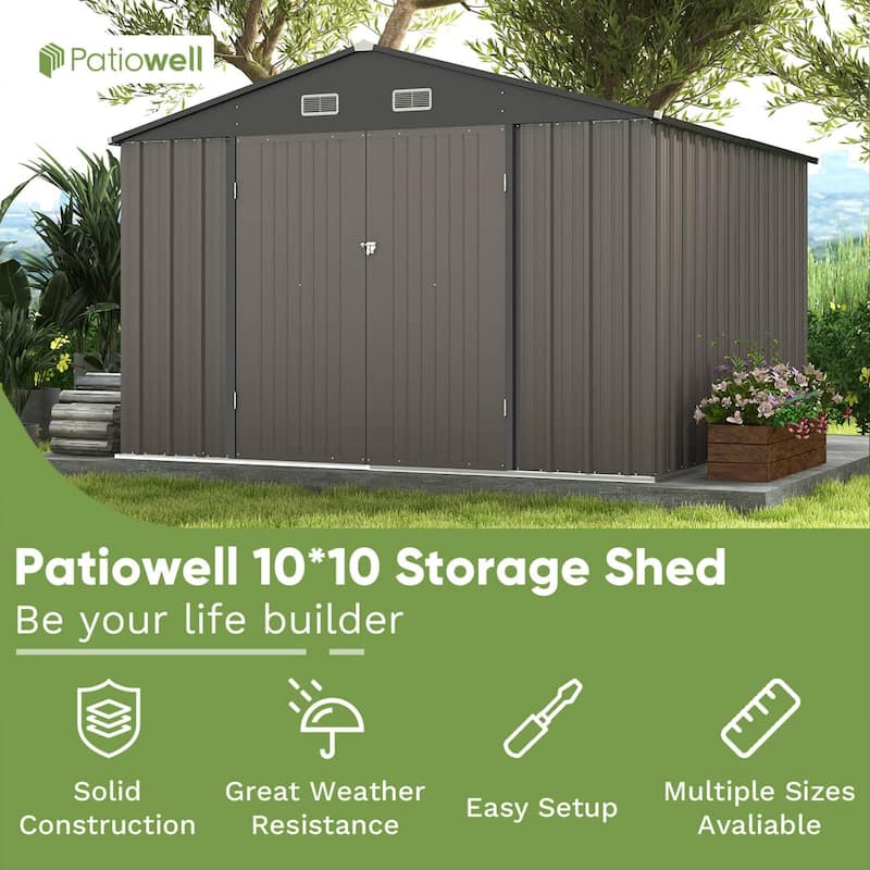 Patiowell 10' x 8'/10' x 10'Metal Outdoor Storage Shed with Goods Shelves/Floor Frame Garden Tool Shed for Backyard Garden