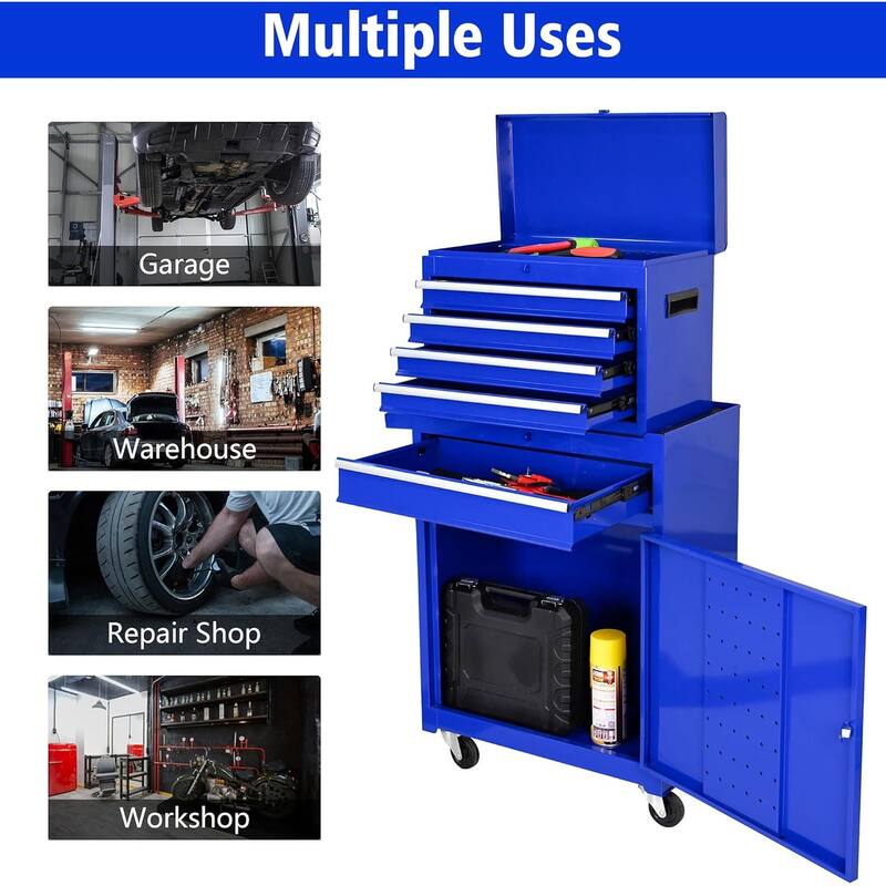 5 Drawer Detachable Tool Cabinet with Moving Wheel 2 Brakes, Tool Box - 5-Drawer - Blue