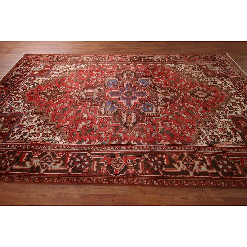 Geometric Heriz Persian Vintage Area Rug Hand-Knotted Red Wool Carpet - 7'5"x 10'9"