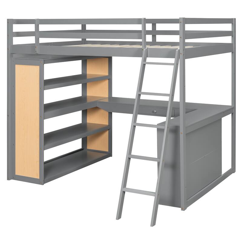 Full Size Loft Bed with Ladder, Shelves, and Study Desk in Gray