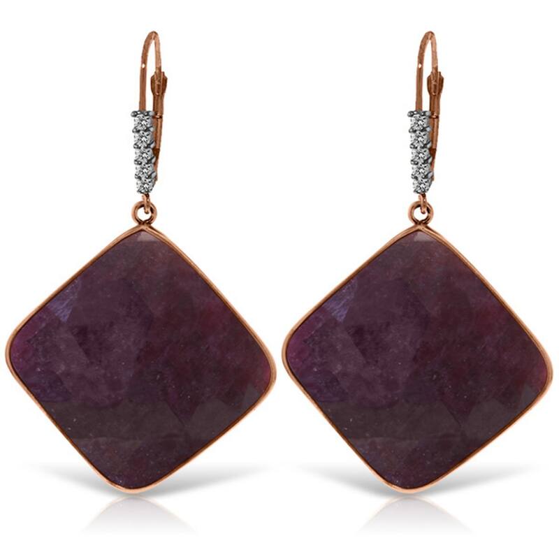 14K Solid Gold Diamonds Leverback Natural Ruby Gemstone Earrings - Rose