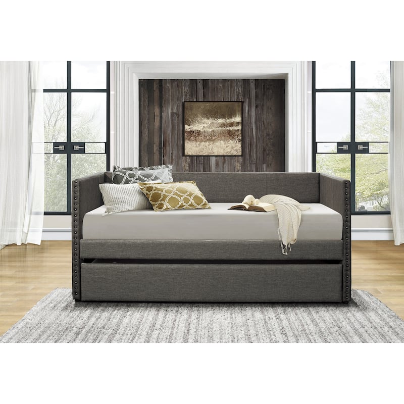 Fabric Upholstered Day Bed with Pull-out Trundle Nailhead Trim Wood Frame Furniture