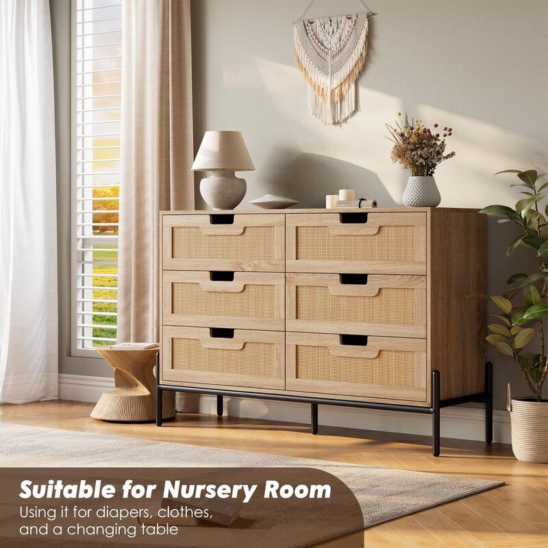 Rattan 6 Drawer Dresser for Bedroom, Modern Farmhouse Wooden Storage Cabinet with Legs
