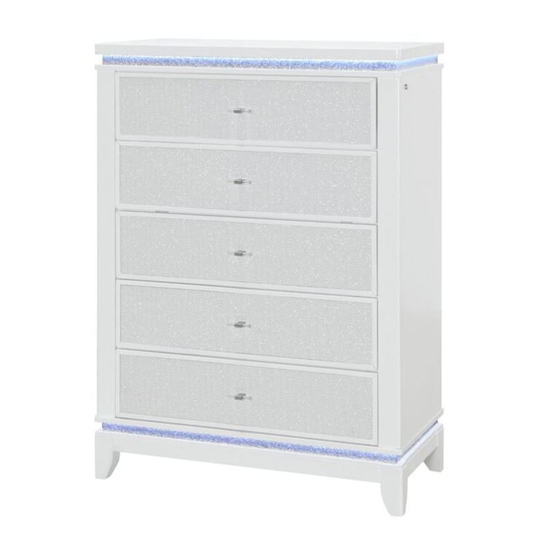 HomeRoots 36" White Faux Crystal Glitter Wood Lighted Five Drawer Dresser