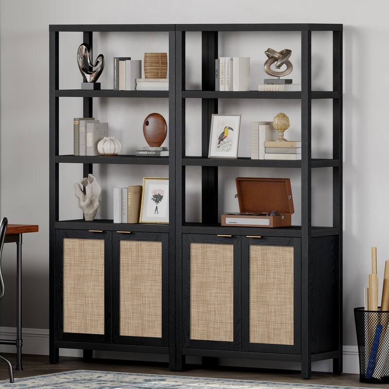 SICOTAS 5 Tier Adjustable Bookshelf with Rattan Storage Cabinet