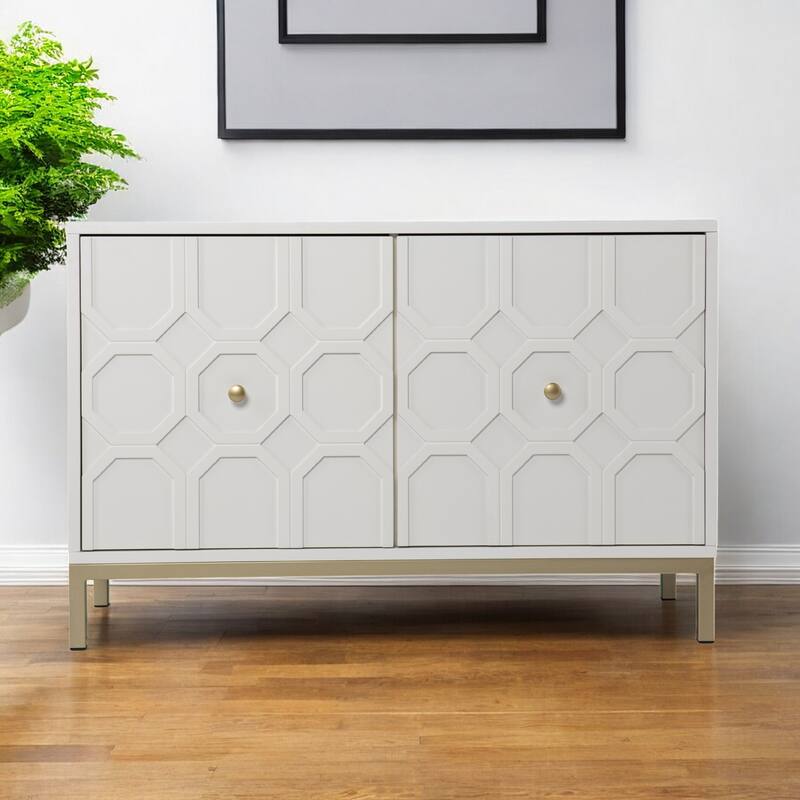 HomeRoots 40" White Carved Geometric Sideboard with Two Doors - Wood Finish - White