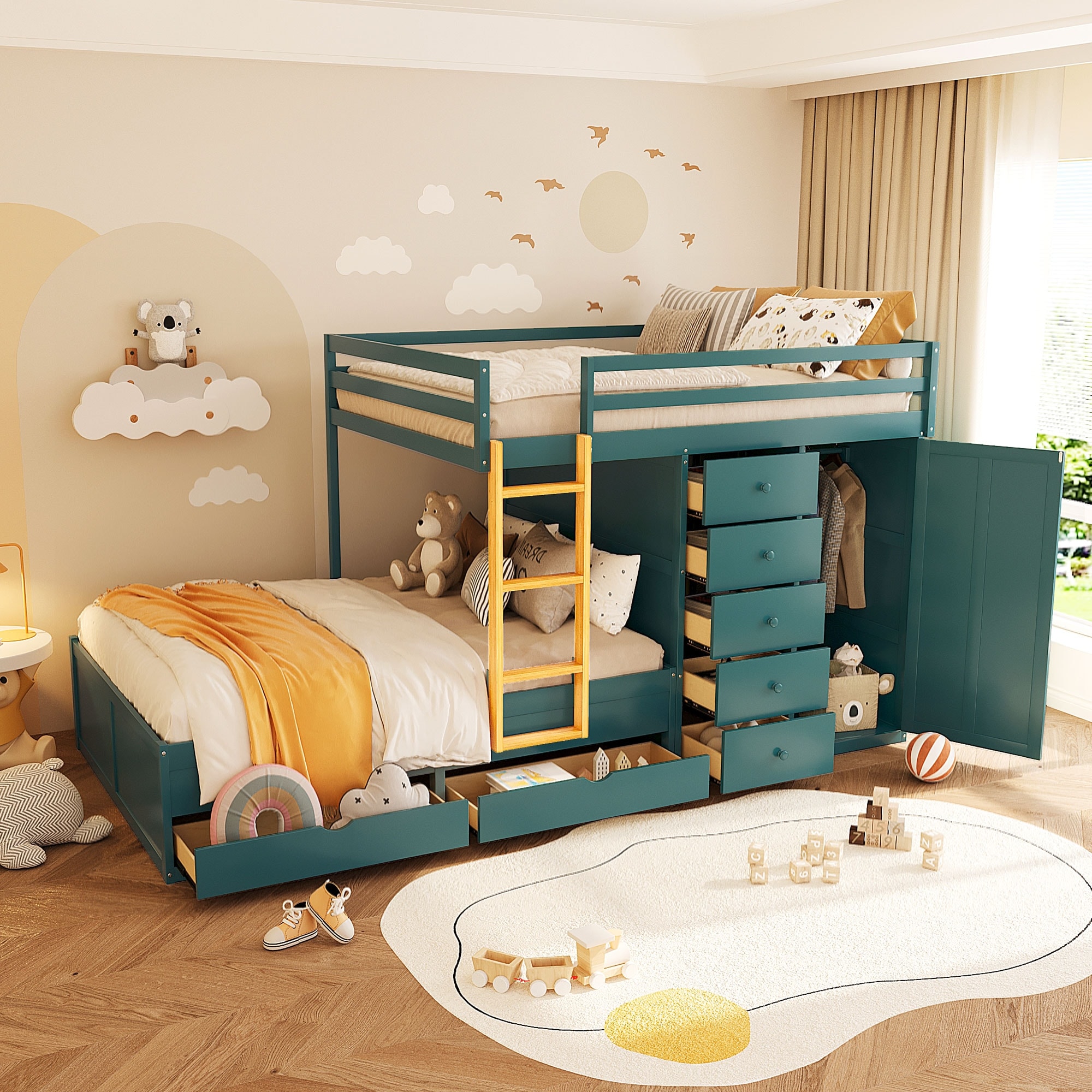 Full Size Bunk Bed – 2 Large & 5 Small Drawers, MDF & Solid Wood, Modern Storage with Wardrobe.