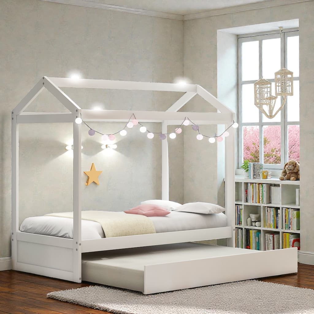 Twin Size House Bed with Trundle, Pine Wood Frame, Roof Design, Kids Playhouse Bed with Decor-Friendly Rails
