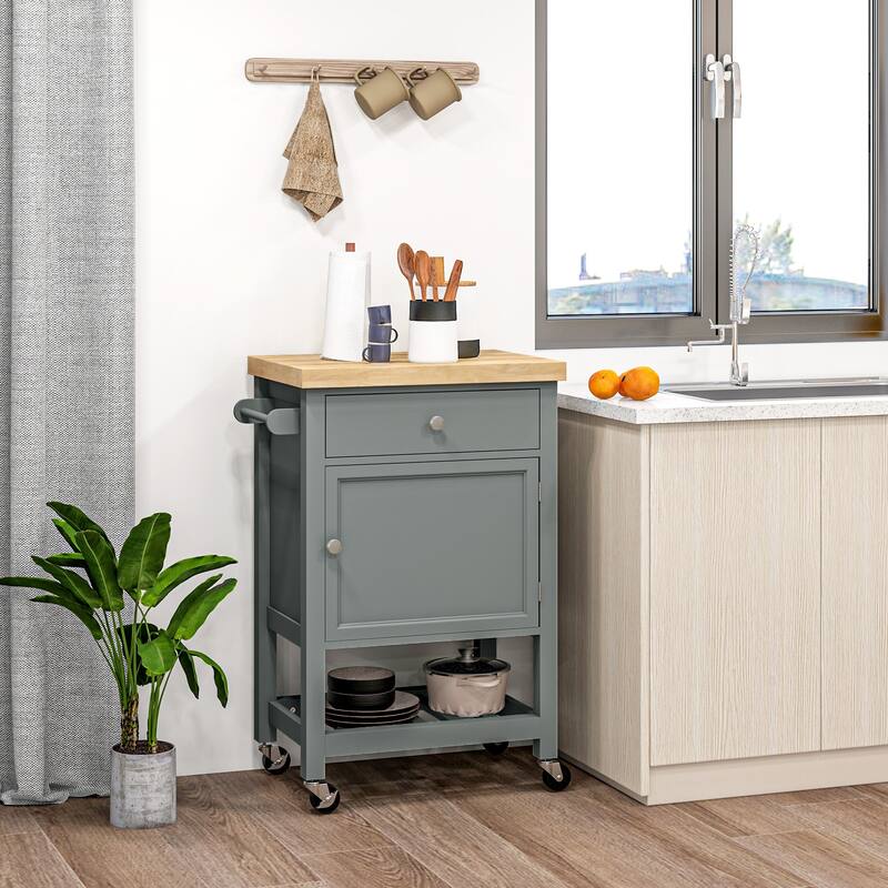 Utility Kitchen Cart on Wheels with Smooth Rubberwood Top and Drawer