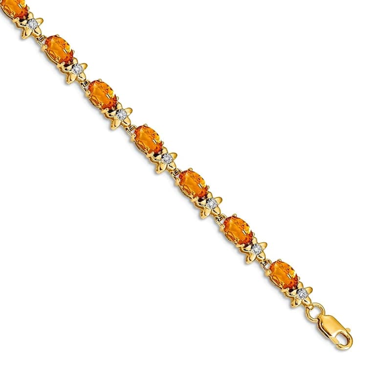 Curata Yellow or White 14k Gold 4.5mm 7" Gemstone and Diamond Flower Bracelet - Citrine - Yellow