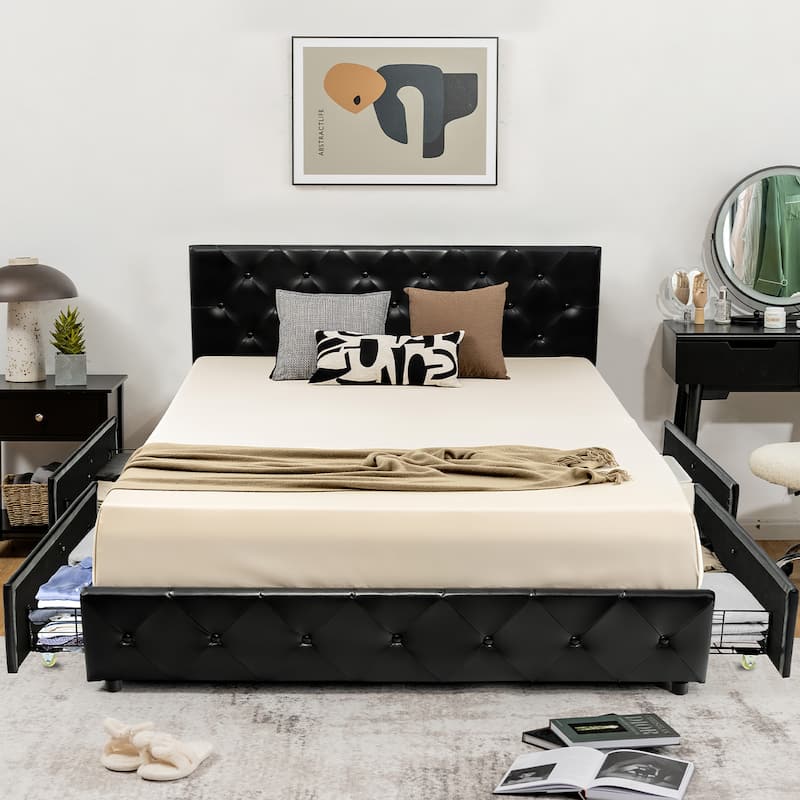 Costway Upholstered Platform Bed w/ 4 Drawers PU Leather Button Tufted - Full