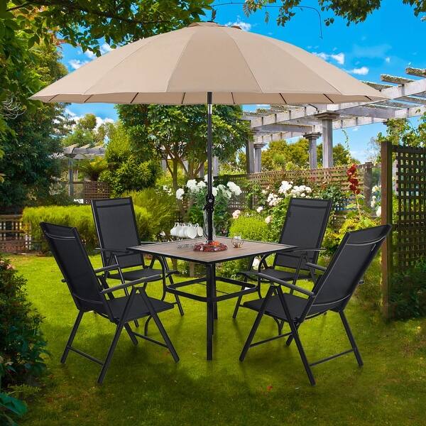 Shop Black Friday Deals On Mfstudio 6 Piece Patio Dining Set With 37 Square Wood Like Table 1 X 10 Ft Outdoor Umbrella And 4 Folding Textilene Chairs Overstock 32409012