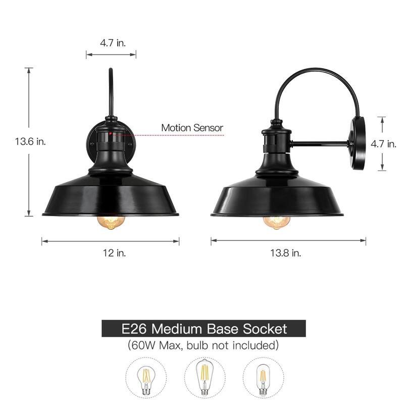 1-Light Black Motion Sensor Outdoor Wall Sconce Barn Light - 12-in W