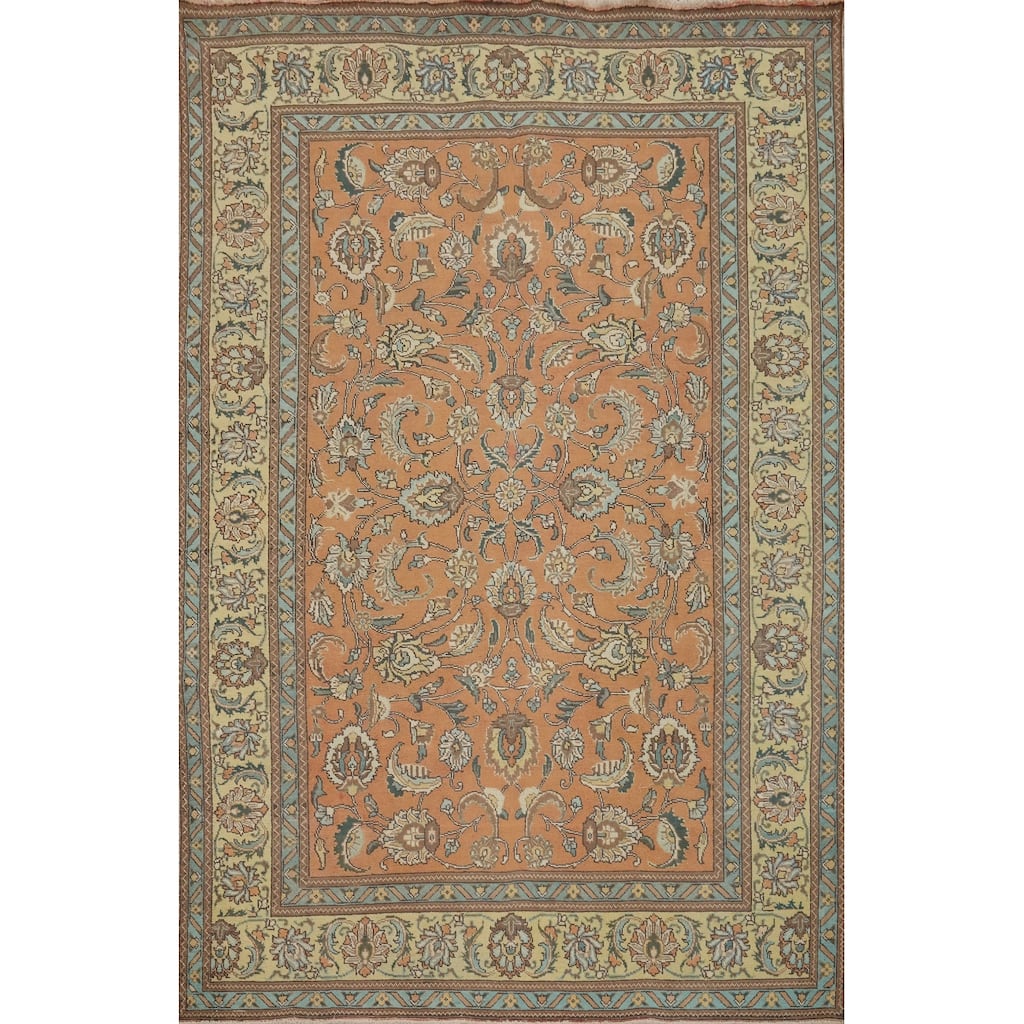 Hand Knotted Oriental 100% Wool Carpet Traditional Floral Oranges & Rust Tabriz Area Rug - 10' 0'' X 7' 2''