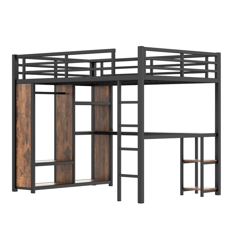Queen Size Metal Loft Bed with Wardrobe, Desk, and Storage Shelves
